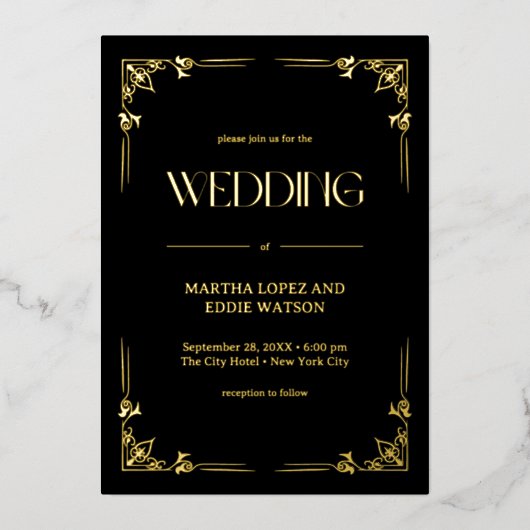Modern Deco | Elegant Wedding Black and Gold 箔招待状 (正面)
