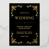 Modern Deco | Elegant Wedding Black and Gold 箔招待状 (正面)