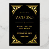 Modern Deco | Elegant Wedding Black and Gold 箔招待状 (正面)