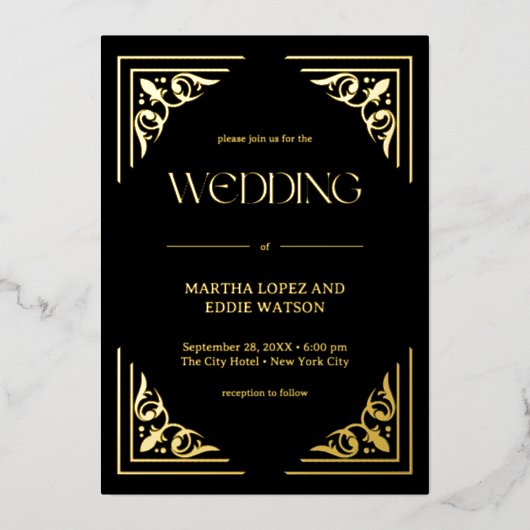 Modern Deco | Elegant Wedding Black and Gold 箔招待状 (正面)