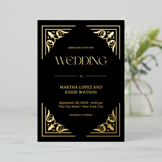 Modern Deco | Elegant Wedding Black and Gold 箔招待状 (立ち正面)