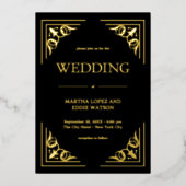 Modern Deco | Elegant Wedding Black and Gold 箔招待状 (正面)