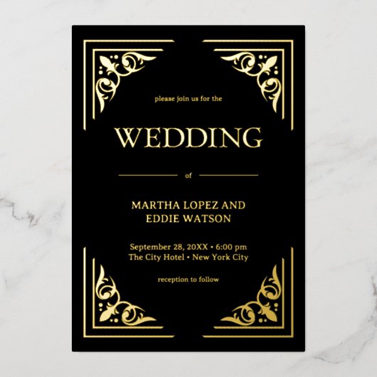 Modern Deco | Elegant Wedding Black and Gold 箔招待状 (正面)