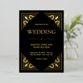 Modern Deco | Elegant Wedding Black and Gold 箔招待状 (立ち正面)