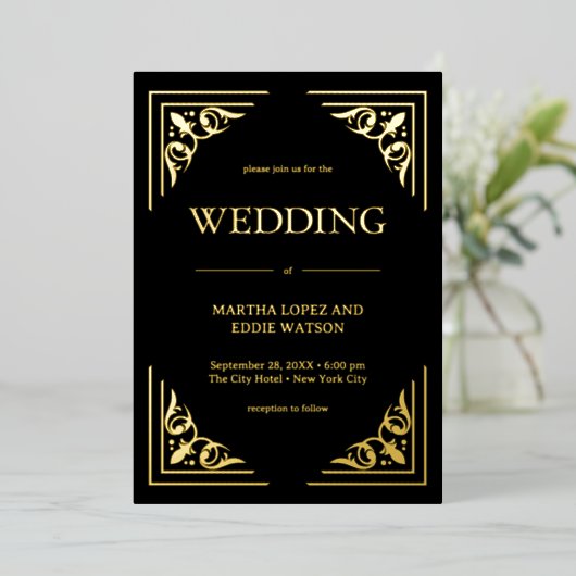 Modern Deco | Elegant Wedding Black and Gold 箔招待状 (立ち正面)