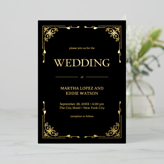 Modern Deco | Elegant Wedding Black and Gold 箔招待状 (立ち正面)