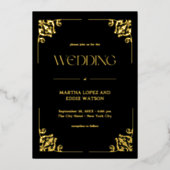 Modern Deco | Elegant Wedding Black and Gold 箔招待状 (正面)