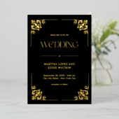 Modern Deco | Elegant Wedding Black and Gold 箔招待状 (立ち正面)