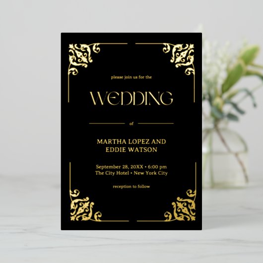 Modern Deco | Elegant Wedding Black and Gold 箔招待状 (立ち正面)