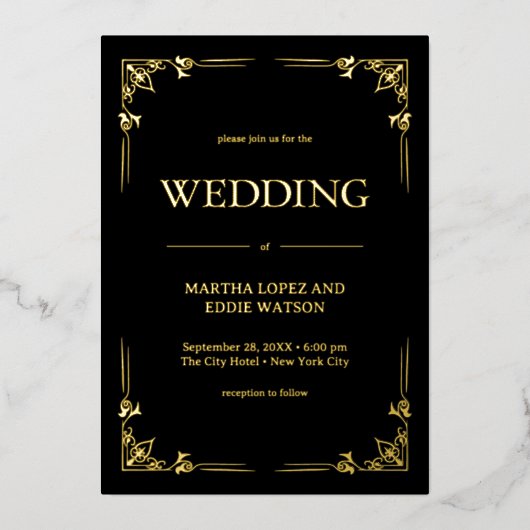 Modern Deco | Elegant Wedding Black and Gold 箔招待状 (正面)