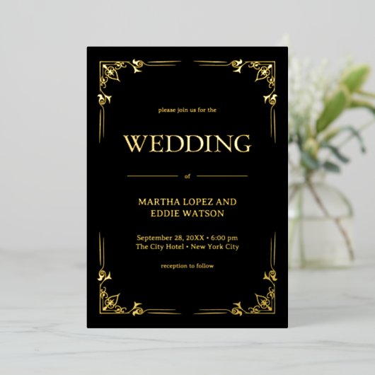 Modern Deco | Elegant Wedding Black and Gold 箔招待状 (立ち正面)