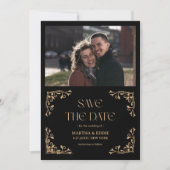 Modern Deco | Faux Gold and Black Photo Wedding セーブザデート (正面)