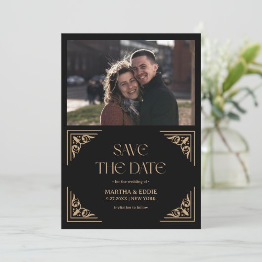 Modern Deco | Faux Gold and Black Photo Wedding セーブザデート (スタンド正面)