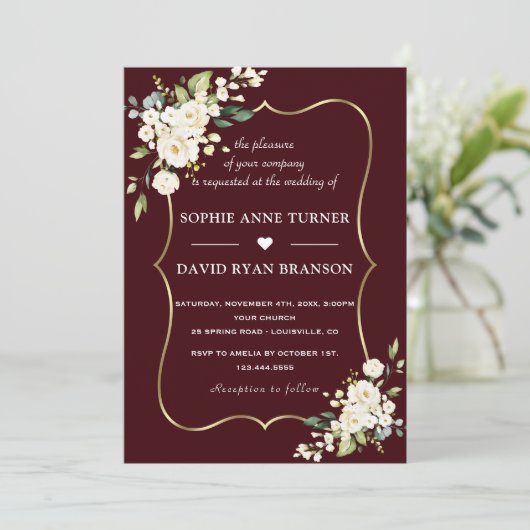 Modern Deep Burgundy White Ivory Flowers Wedding 招待状 (スタンド正面)