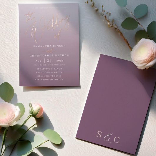 Modern Deep Mauve Gradient The Wedding Of 箔招待状