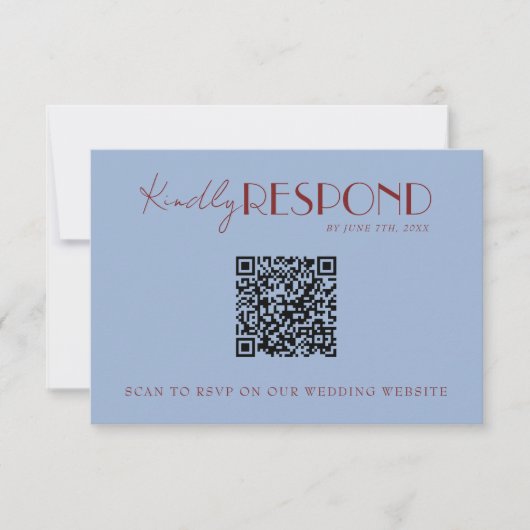 Modern Deep Red Blue QR Code Fancy Wedding 出欠カード (正面)
