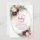 Modern Deep Red Floral Gold Baby Shower Invite 招待状 (正面)