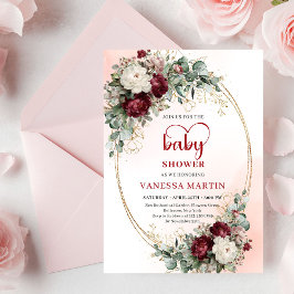 Modern Deep Red Floral Gold Baby Shower Invite 招待状