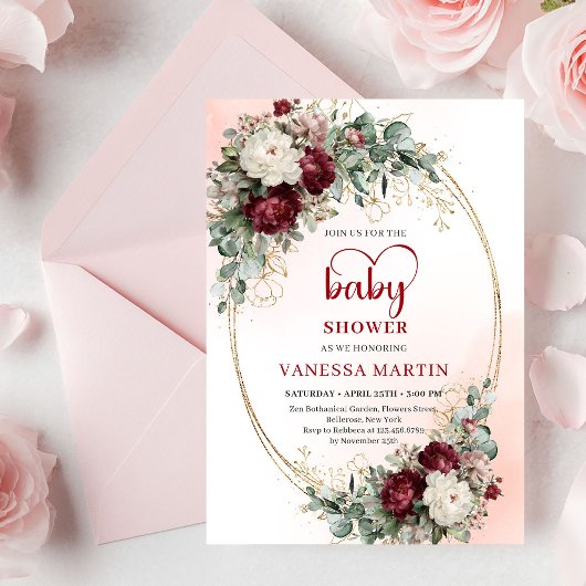 Modern Deep Red Floral Gold Baby Shower Invite 招待状