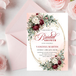 Modern Deep Red Floral Gold Bridal Shower Invite 招待状