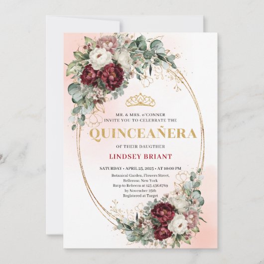 Modern Deep Red Flowers 15th Birthday Invitation 招待状 (正面)