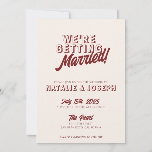 Modern Deep Red Retro Bold All In One Wedding 招待状 (正面)