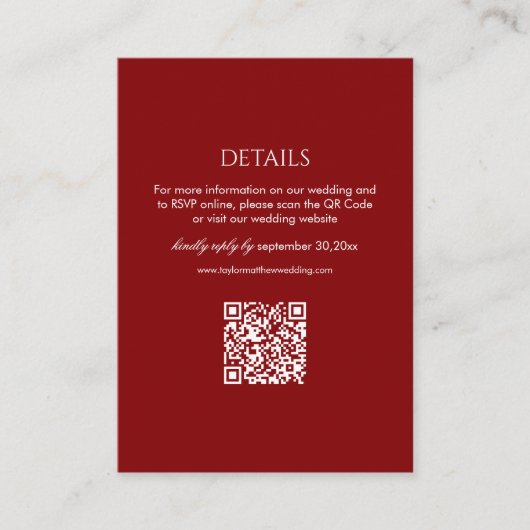 Modern Deep Red Wedding Details Qr Code エンクロージャーカード (正面)