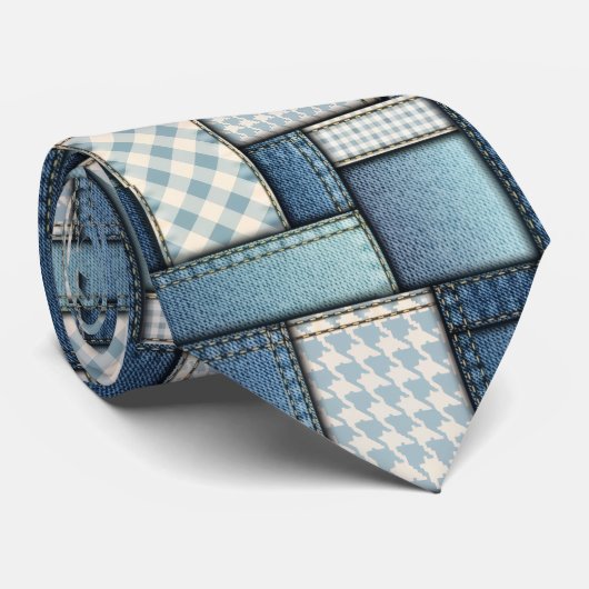 Modern Denim Patchwork Mosaic Pattern Neck Tie ネクタイ (ロール)