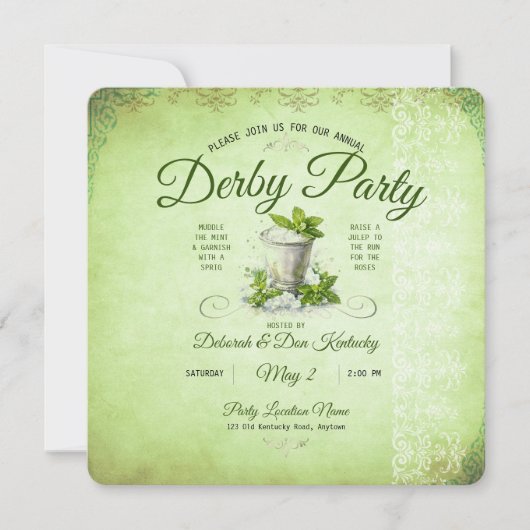 Modern Derby Party Watercolor Mint Julep Elegant 招待状 (正面)