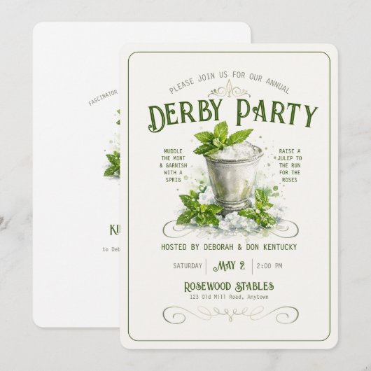 Modern Derby Party Watercolor Mint Julep Elegant 招待状 (正面/裏面)