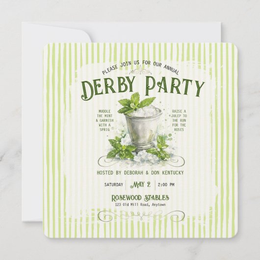 Modern Derby Party Watercolor Mint Julep Elegant 招待状 (正面)
