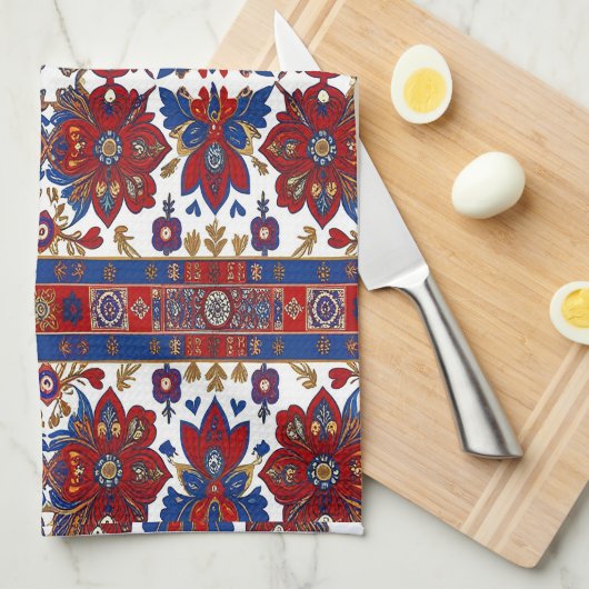 Modern designed inspired Serbian ethnic seamless キッチンタオル (四つ折り)