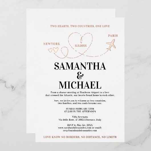 Modern Destination Wedding Airplane Heart 箔招待状 (正面/裏面)