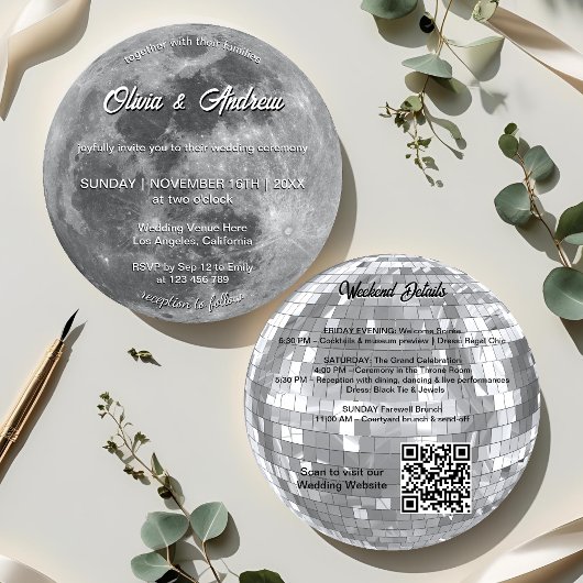 Modern Disco Ball QR Code Full Moon Wedding 招待状