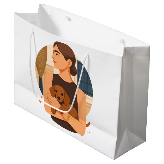 Modern Dog Mom Aesthetic With Cute Puppy ラージペーパーバッグ (正面アングル)