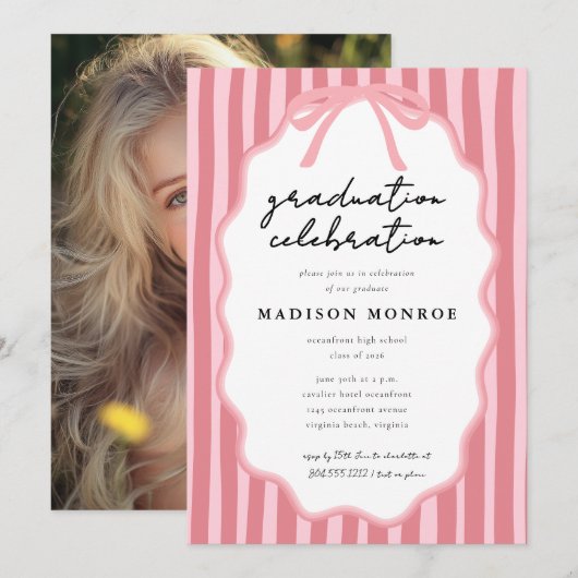 Modern Doodle Hand Drawn Bow Graduation  招待状 (正面/裏面)