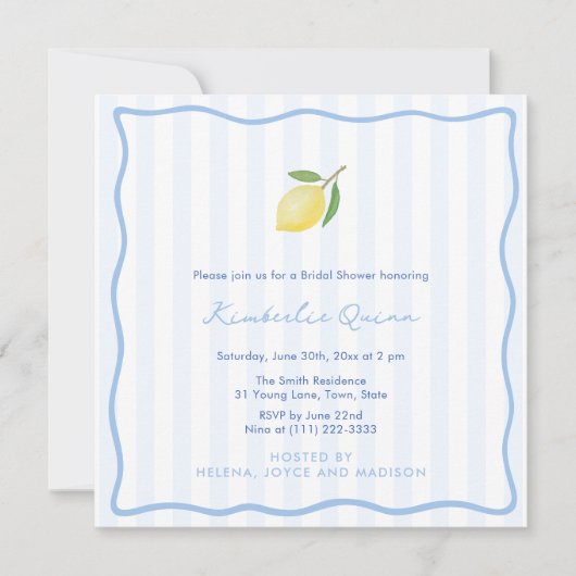 Modern Doodles And Stripes Lemon Bridal Shower 招待状 (正面)