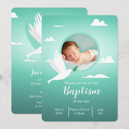 Modern Dove Teal Blue Baptism Invitation for Boy 招待状 (正面/裏面)