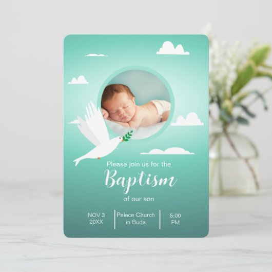 Modern Dove Teal Blue Baptism Invitation for Boy 招待状 (スタンド正面)