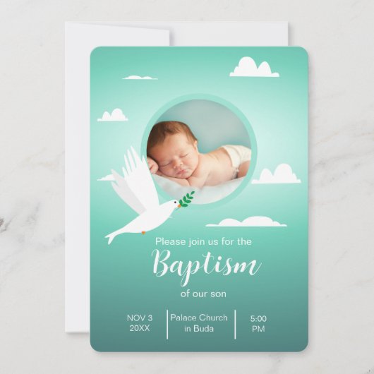 Modern Dove Teal Blue Baptism Invitation for Boy 招待状 (正面)