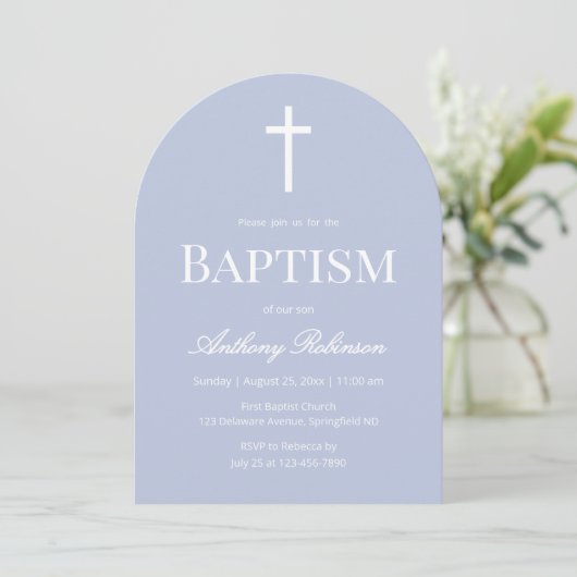 Modern Dusty Blue Arch Baptism 招待状 (スタンド正面)