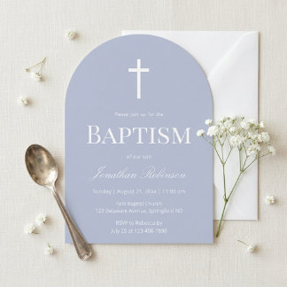 Modern Dusty Blue Arch Christening Baptism 招待状