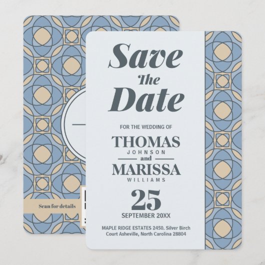 Modern Dusty Blue Art Deco Save the Date QR Code (正面/裏面)