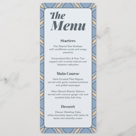 Modern Dusty Blue Art Deco Wedding Menu Card メニュー (正面)