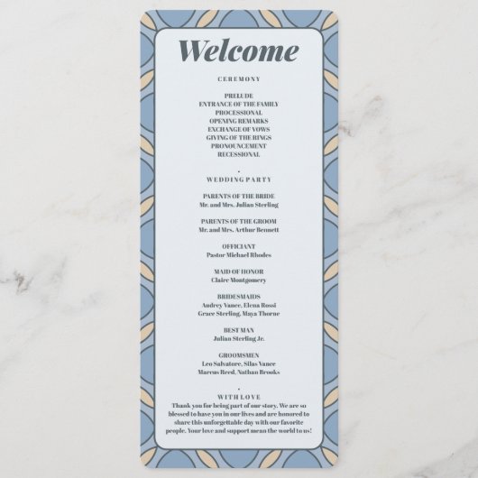 Modern Dusty Blue Art Deco Wedding Program Card プログラム (正面)