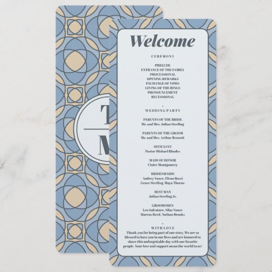 Modern Dusty Blue Art Deco Wedding Program Card プログラム (正面/裏面)