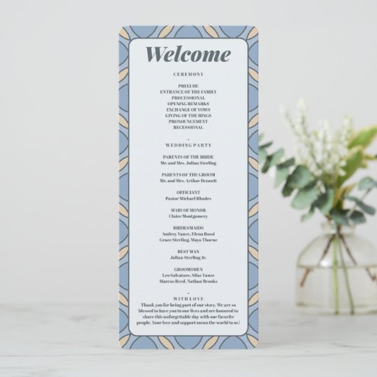 Modern Dusty Blue Art Deco Wedding Program Card プログラム (スタンド正面)