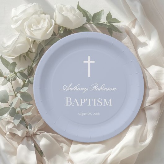 Modern Dusty Blue Baptism Paper Plate ペーパープレート