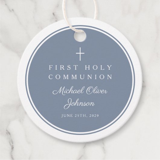 Modern Dusty Blue Boy First Communion フェイバータグ (正面)