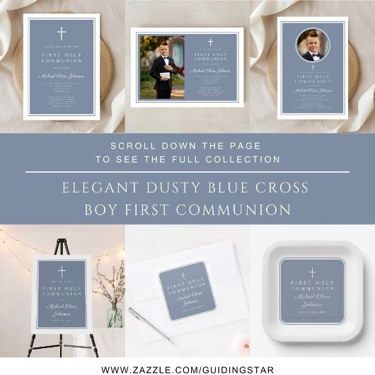 Modern Dusty Blue Boy Photo First Communion 招待状